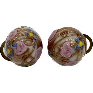 Vtg Made in ITALY Venetian Wedding Cake Glass Button Clip On Earrings Pink Gold